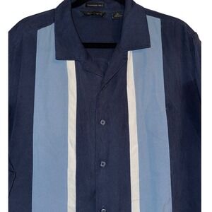 AXIST XL Mens 100% Silk Button‎ Down Shirt Blue Short Sleeve Striped Resort